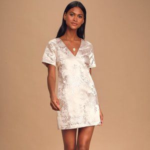 NWT Lulus Go with the Glow Metallic Champagne Floral Jacquard Shift Dress - XL